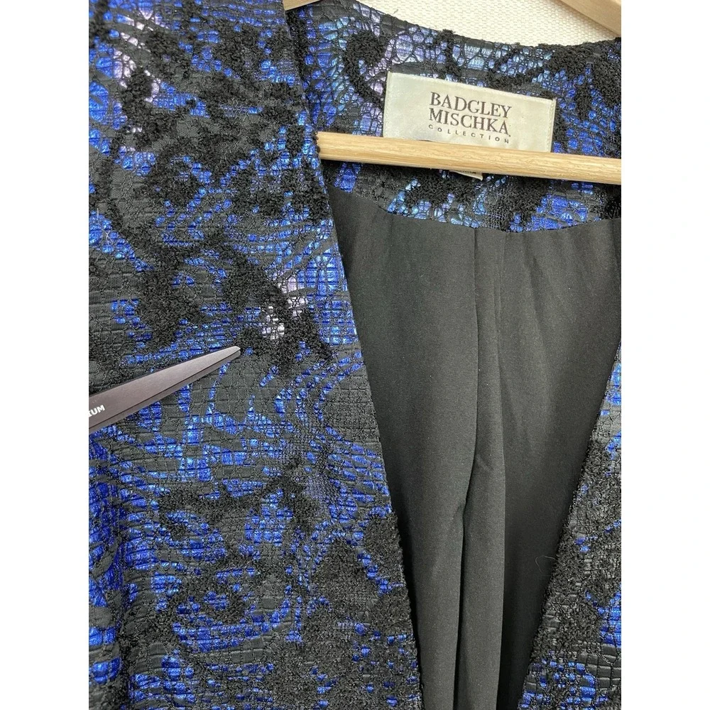 Badgley Mischka Collection Womens Black Blue Brocade Suit Jacket Small Old Money